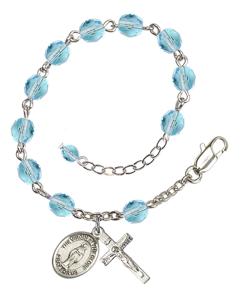 Virgin of the Globe Rosary Bracelet - Silver Plate - March - Aqua