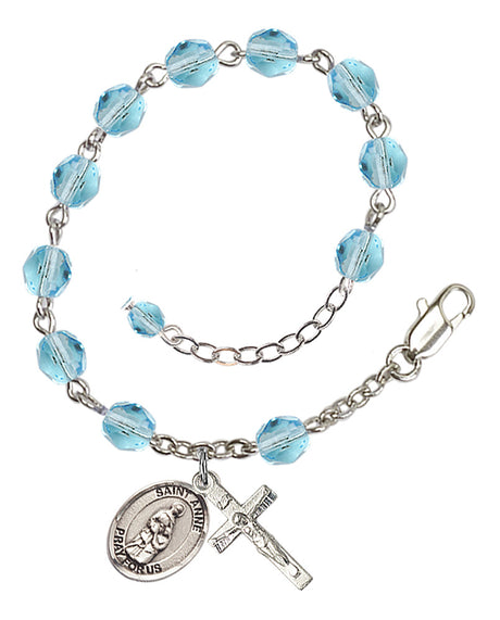 Saint Anne Rosary Bracelet - Silver Plate - March - Aqua