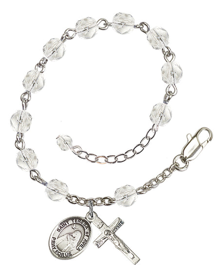 Saint Teresa of Avila Rosary Bracelet - Silver Plate - April - Crystal
