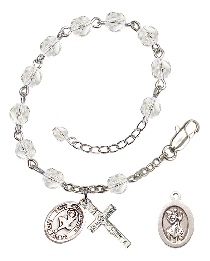 Saint Christopher Dance Rosary Bracelet - Silver Plate - April - Crystal