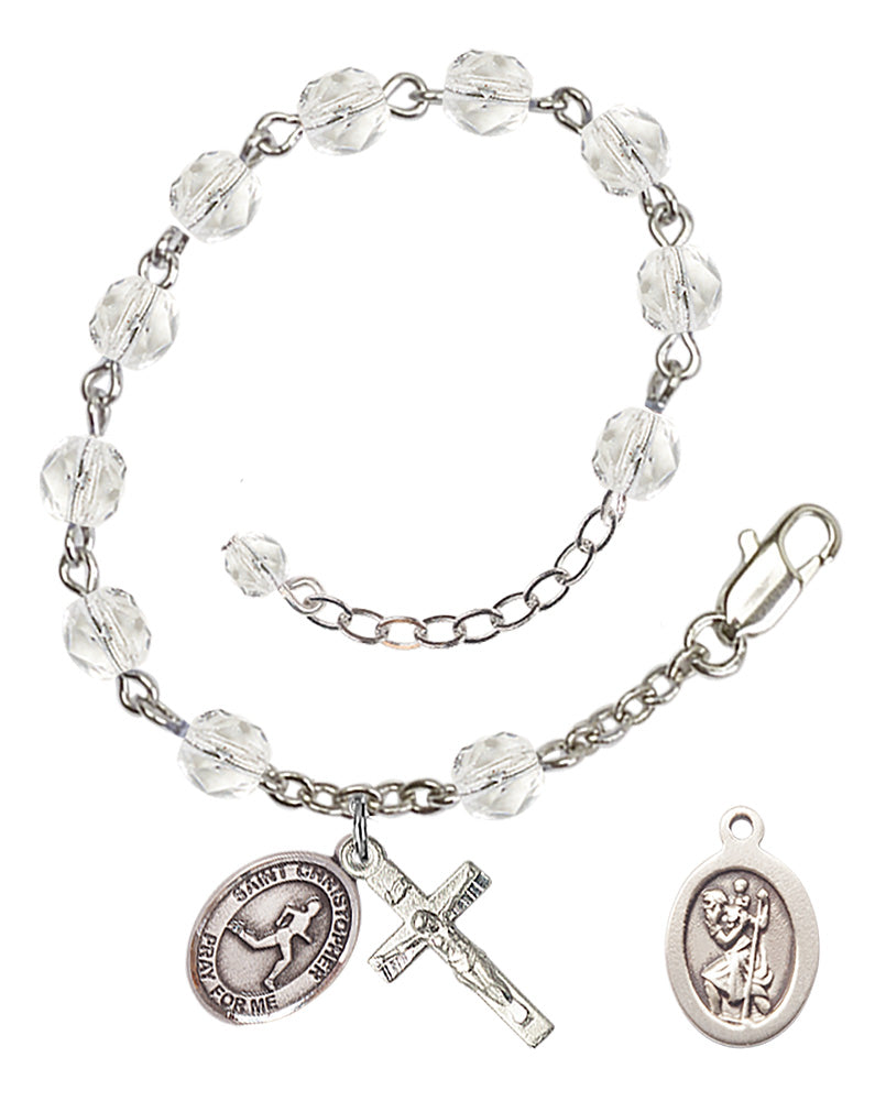 Saint Christopher Track and Field Rosary Bracelet - Silver Plate - April - Crystal