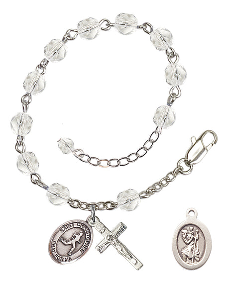 Saint Christopher Track and Field Rosary Bracelet - Silver Plate - April - Crystal