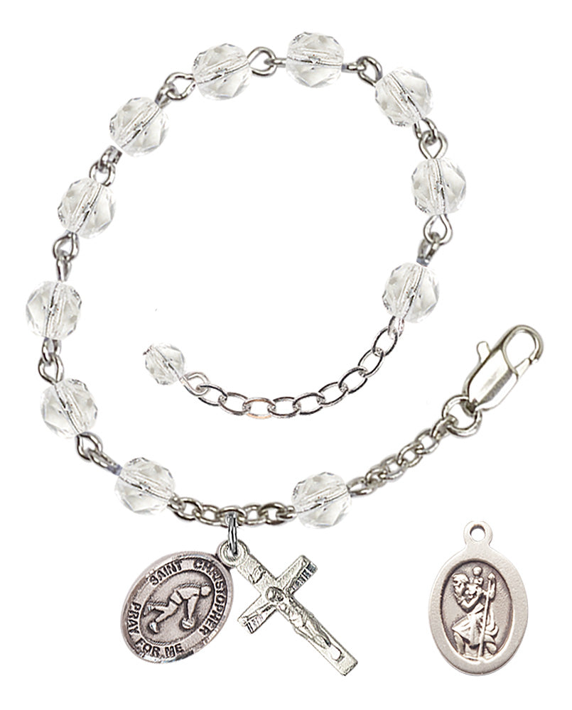 Saint Christopher Basketball Rosary Bracelet - Silver Plate - April - Crystal