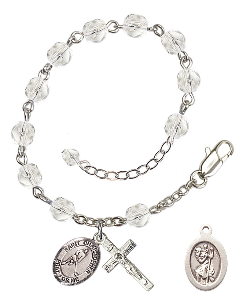 Saint Christopher Ice Hockey Rosary Bracelet - Silver Plate - April - Crystal