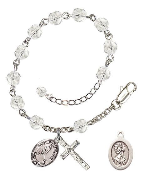 Saint Christopher Ice Hockey Rosary Bracelet - Silver Plate - April - Crystal