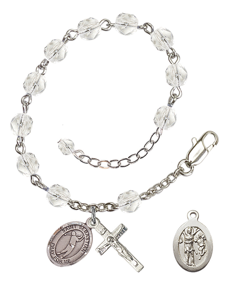 Saint Sebastian Golf Rosary Bracelet - Silver Plate - April - Crystal
