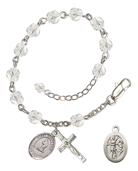 Saint Sebastian Skiing Rosary Bracelet - Silver Plate - April - Crystal