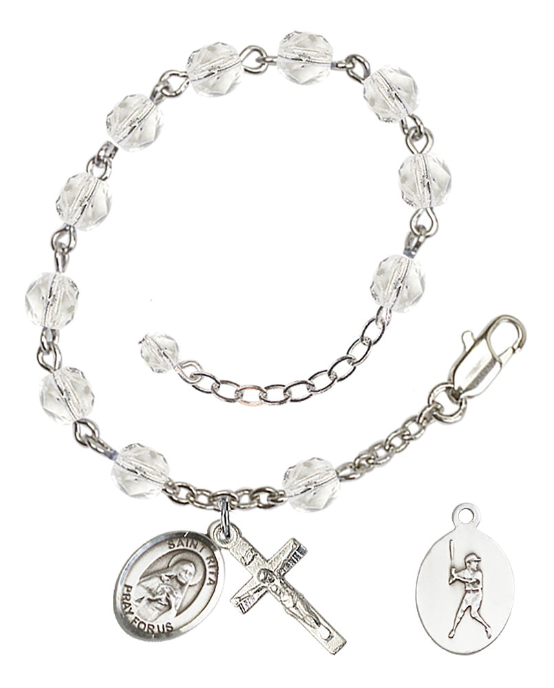 Saint Rita Baseball Rosary Bracelet - Silver Plate - April - Crystal