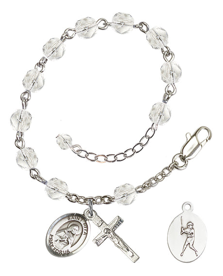 Saint Rita Baseball Rosary Bracelet - Silver Plate - April - Crystal