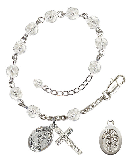 Saint Sebastian Rugby Rosary Bracelet - Silver Plate - April - Crystal