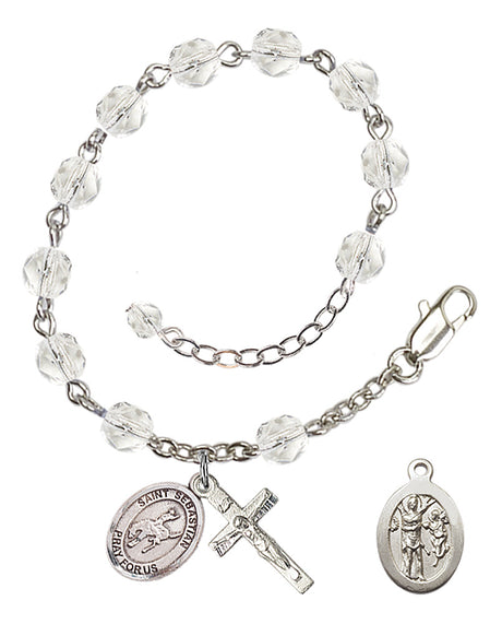 Saint Sebastian Rodeo Rosary Bracelet - Silver Plate - April - Crystal