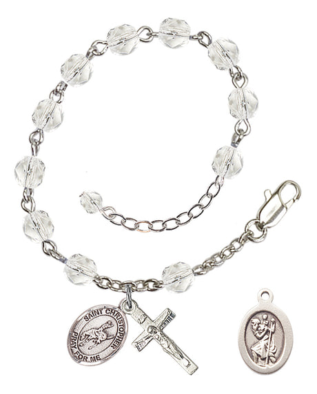 Saint Christopher Rodeo Rosary Bracelet - Silver Plate - April - Crystal