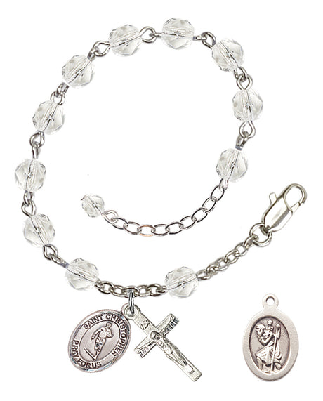 Saint Christopher Rugby Rosary Bracelet - Silver Plate - April - Crystal