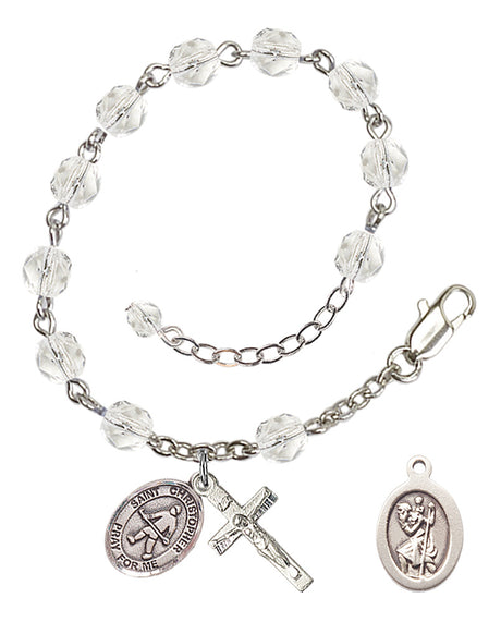 Saint Christopher Field Hockey Rosary Bracelet - Silver Plate - April - Crystal