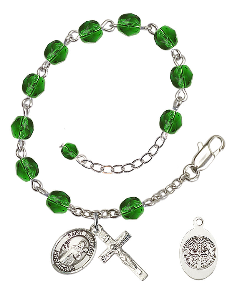 Saint Benedict Rosary Bracelet - Silver Plate - May - Emerald