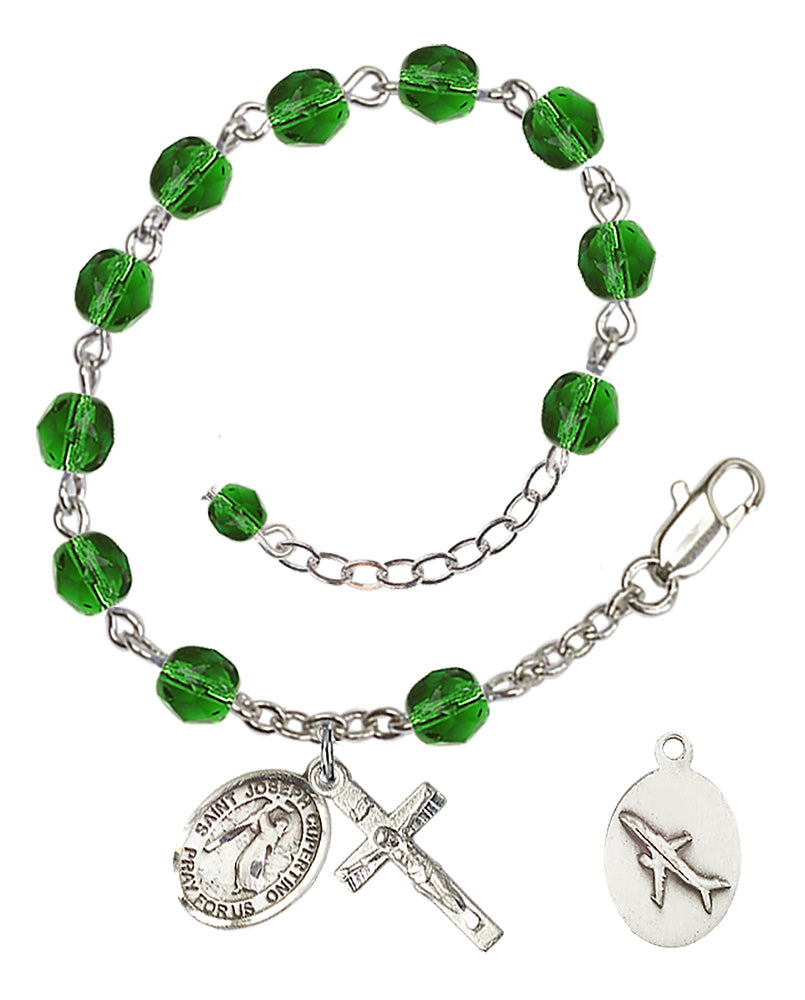 Saint Joseph of Cupertino Rosary Bracelet - Silver Plate - May - Emerald