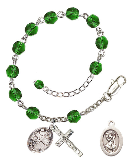 Saint Christopher Volleyball Rosary Bracelet - Silver Plate - May - Emerald