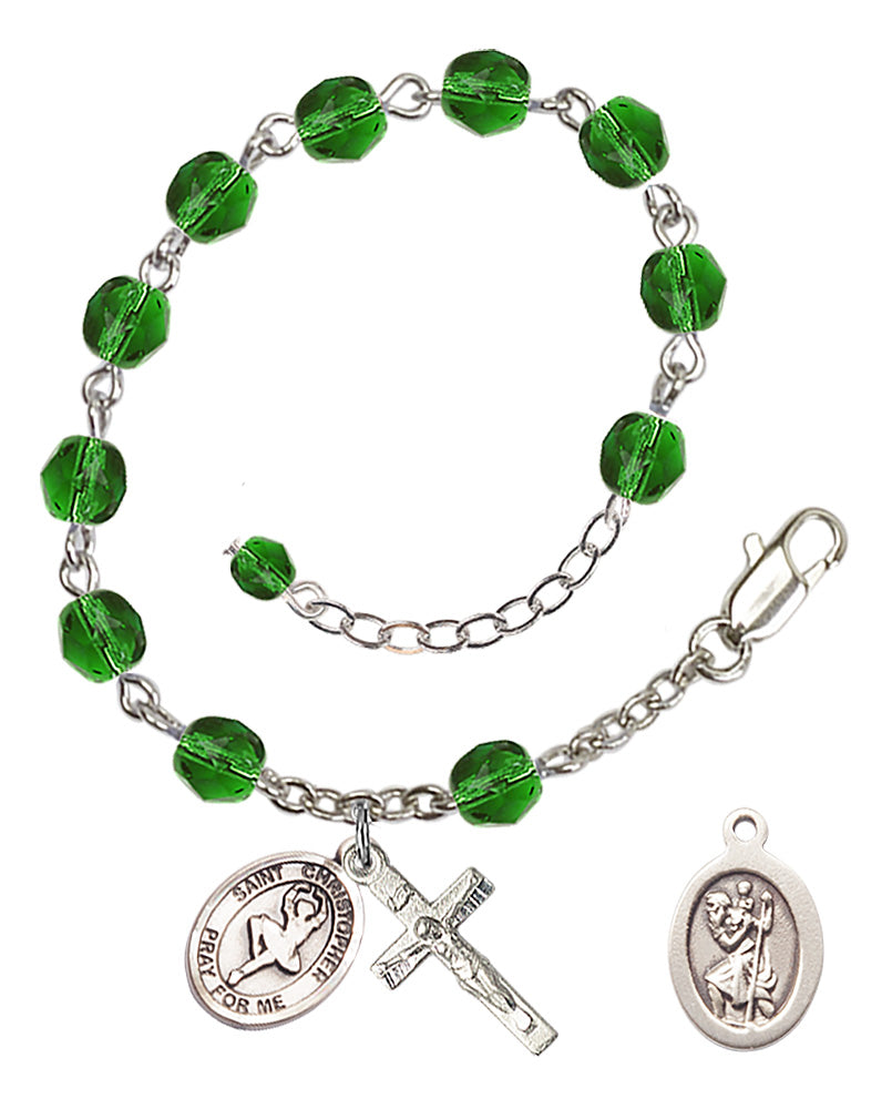 Saint Christopher Dance Rosary Bracelet - Silver Plate - May - Emerald