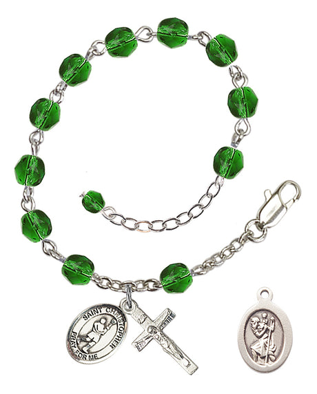 Saint Christopher Lacrosse Rosary Bracelet - Silver Plate - May - Emerald