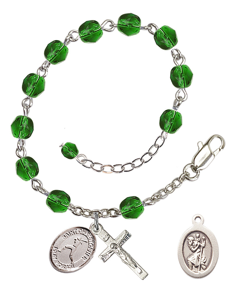 Saint Christopher Softball Rosary Bracelet - Silver Plate - May - Emerald