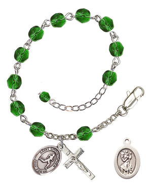Saint Christopher Track and Field Rosary Bracelet - Silver Plate - May - Emerald