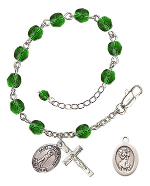 Saint Christopher Golf Rosary Bracelet - Silver Plate - May - Emerald