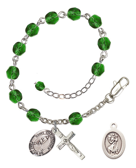 Saint Christopher Ice Hockey Rosary Bracelet - Silver Plate - May - Emerald