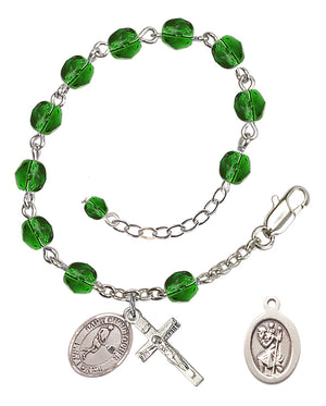 Saint Christopher Tennis Rosary Bracelet - Silver Plate - May - Emerald