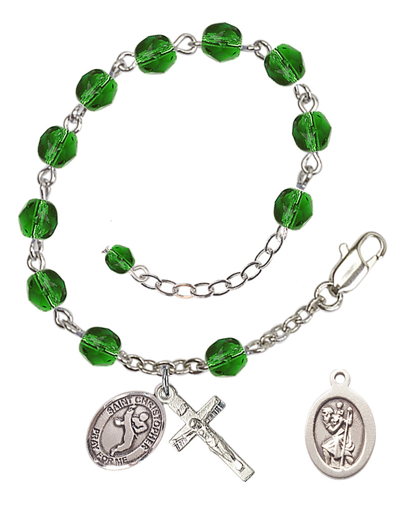 Saint Christopher Martial Arts Rosary Bracelet - Silver Plate - May - Emerald