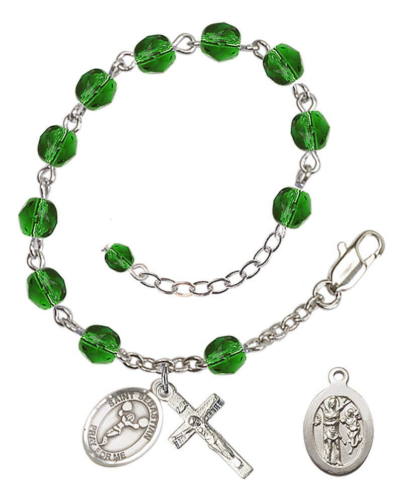 Saint Sebastian Cheerleading Rosary Bracelet - Silver Plate - May - Emerald