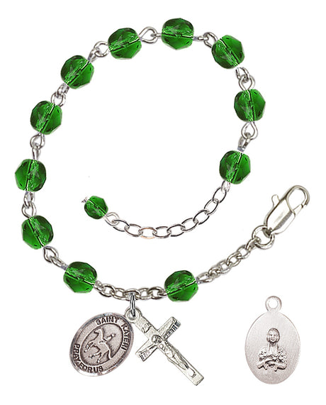 Saint Kateri Equestrian Rosary Bracelet - Silver Plate - May - Emerald