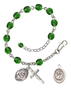 Saint Christopher Motorcycle Rosary Bracelet - Silver Plate - May - Emerald
