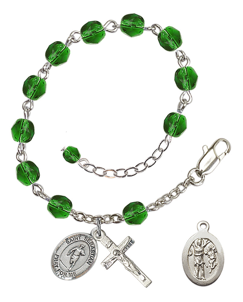 Saint Sebastian Rugby Rosary Bracelet - Silver Plate - May - Emerald