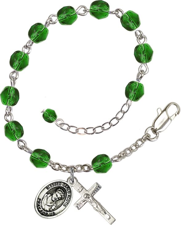 St. Carlo Acutis Birthstone Rosary Bracelet with Pewter Medal & Crucifix