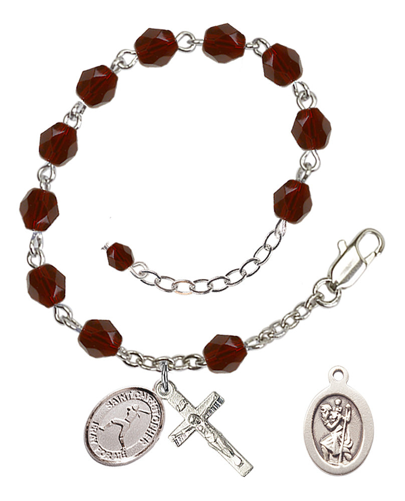 Saint Christopher Softball Rosary Bracelet - Silver Plate - January - Garnet