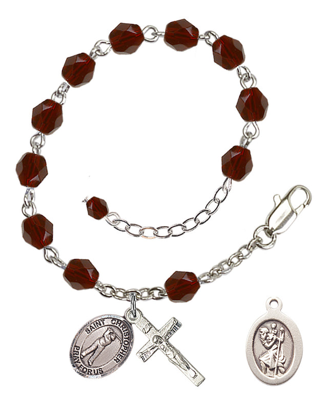 Saint Christopher Golf Rosary Bracelet - Silver Plate - January - Garnet