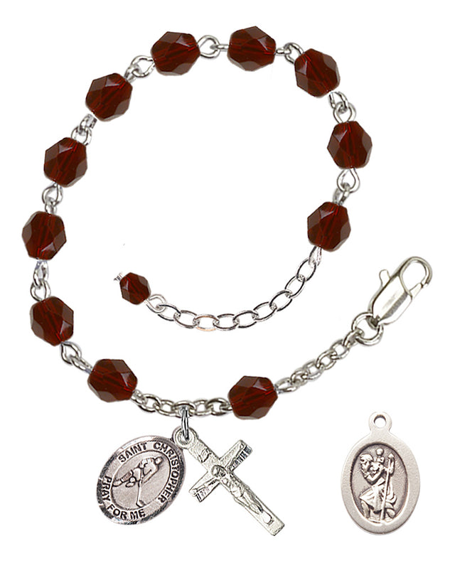 Saint Christopher Ice Hockey Rosary Bracelet - Silver Plate - January - Garnet