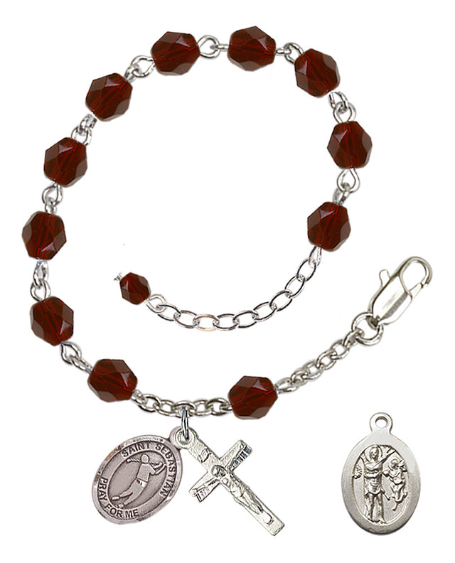 Saint Sebastian Golf Rosary Bracelet - Silver Plate - January - Garnet