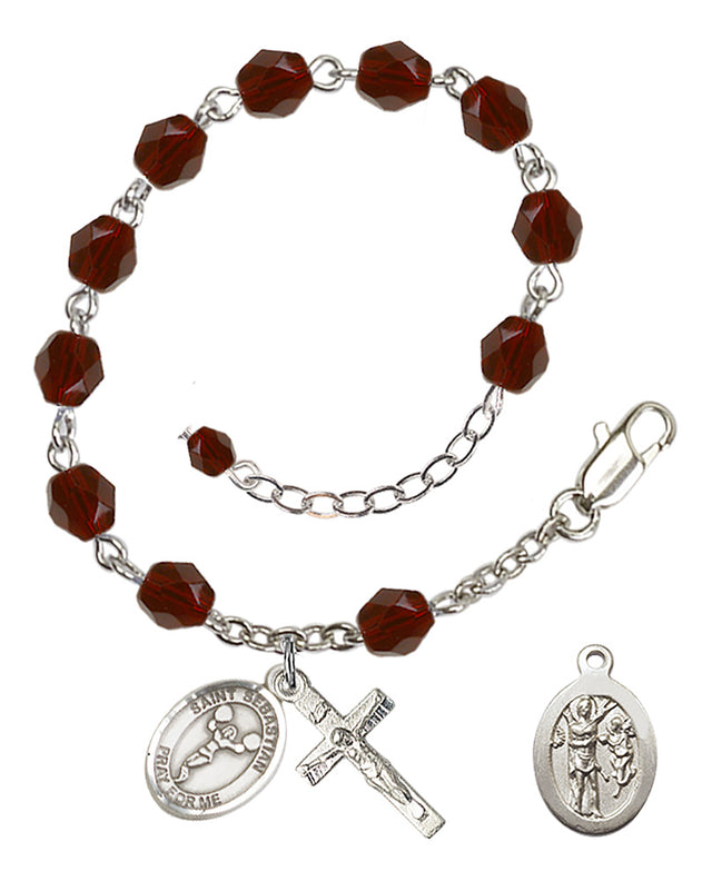 Saint Sebastian Cheerleading Rosary Bracelet - Silver Plate - January - Garnet