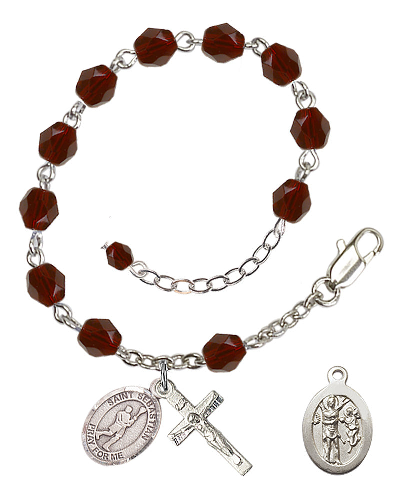 Saint Sebastian Lacrosse Rosary Bracelet - Silver Plate - January - Garnet