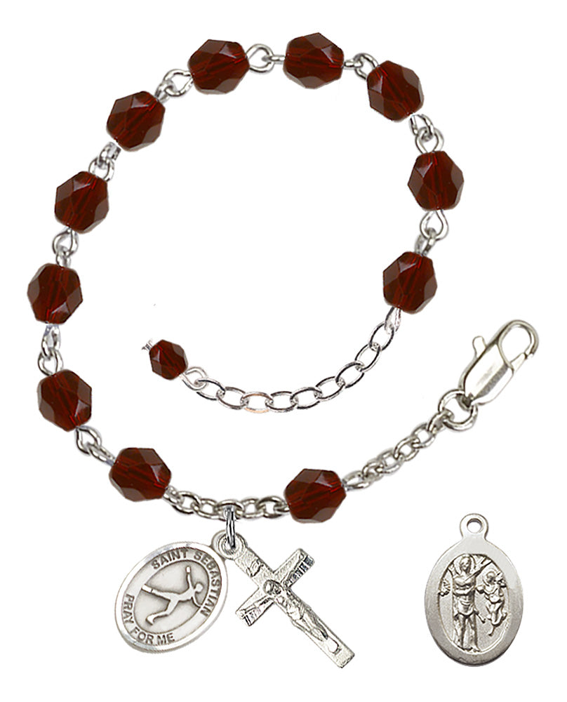 Saint Sebastian Figure Skating Rosary Bracelet - Silver Plate - January - Garnet
