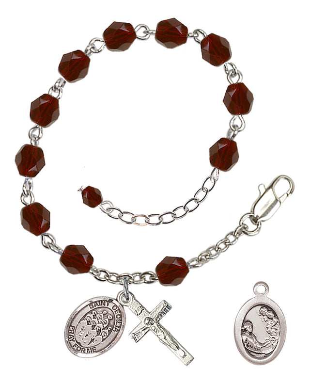 Saint Cecilia Choir Rosary Bracelet - Silver Plate - January - Garnet