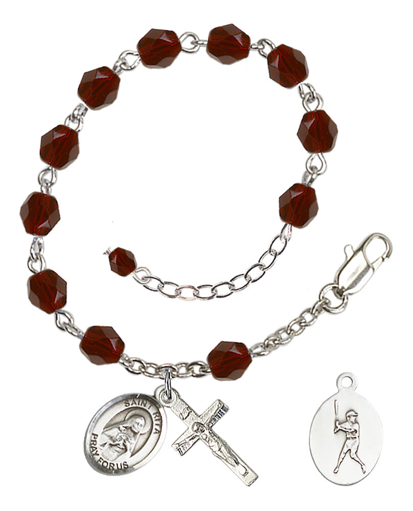 Saint Rita Baseball Rosary Bracelet - Silver Plate - January - Garnet