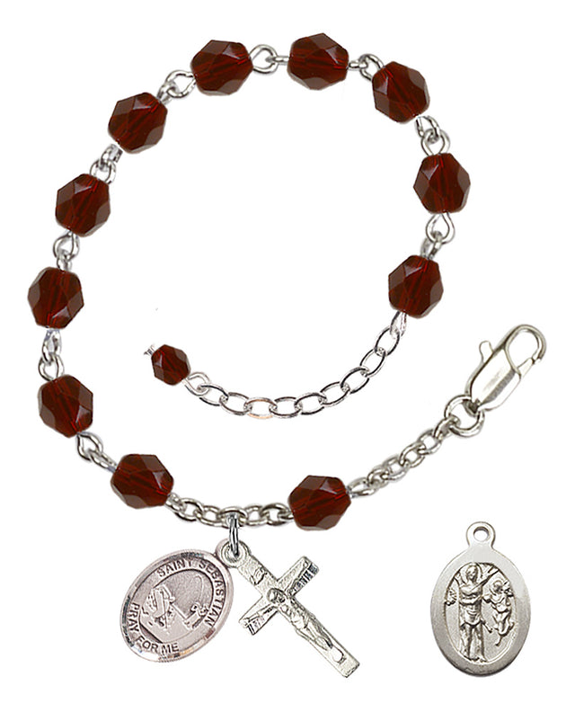 Saint Sebastian Fishing Rosary Bracelet - Silver Plate - January - Garnet