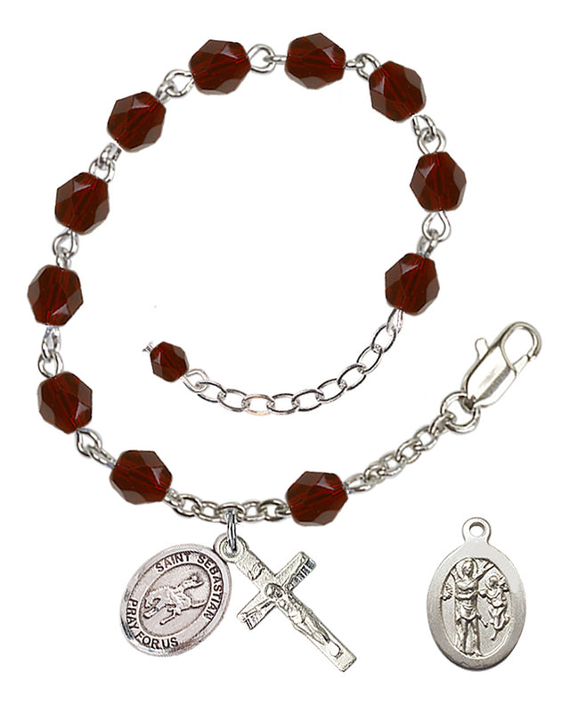 Saint Sebastian Rodeo Rosary Bracelet - Silver Plate - January - Garnet