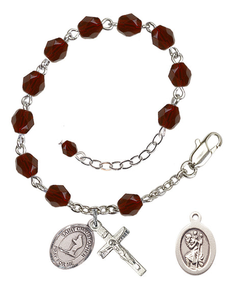 Saint Christopher Skiing Rosary Bracelet - Silver Plate - January - Garnet