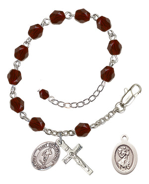 Saint Christopher Rugby Rosary Bracelet - Silver Plate - January - Garnet