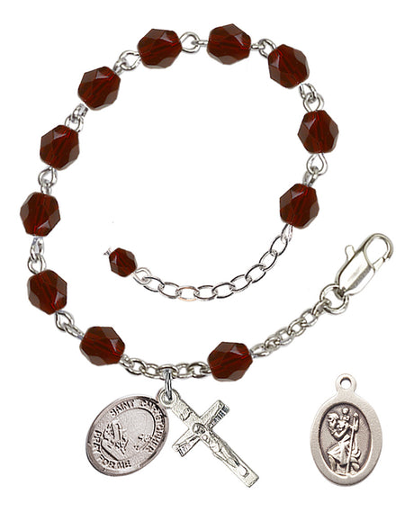 Saint Christopher Fishing Rosary Bracelet - Silver Plate - January - Garnet