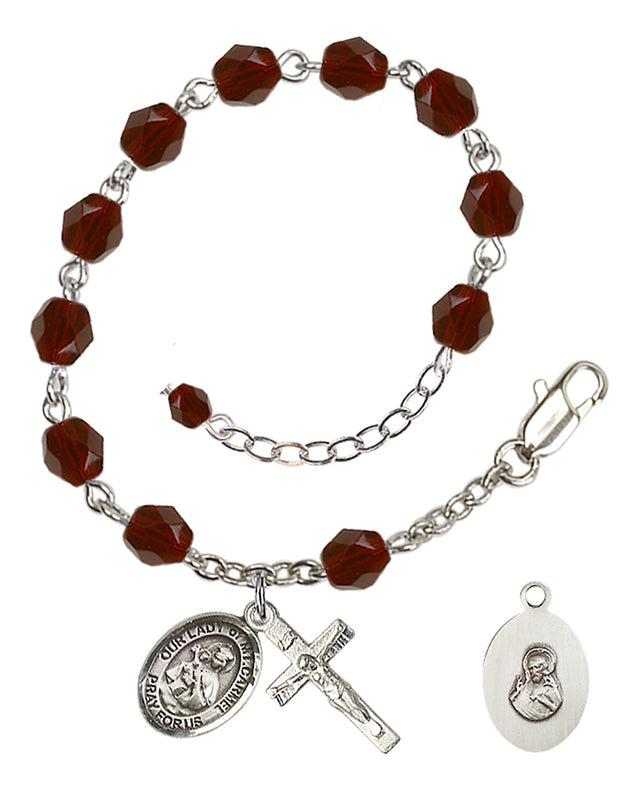 Our Lady of Mount Carmel Rosary Bracelet - Silver Plate - January - Garnet