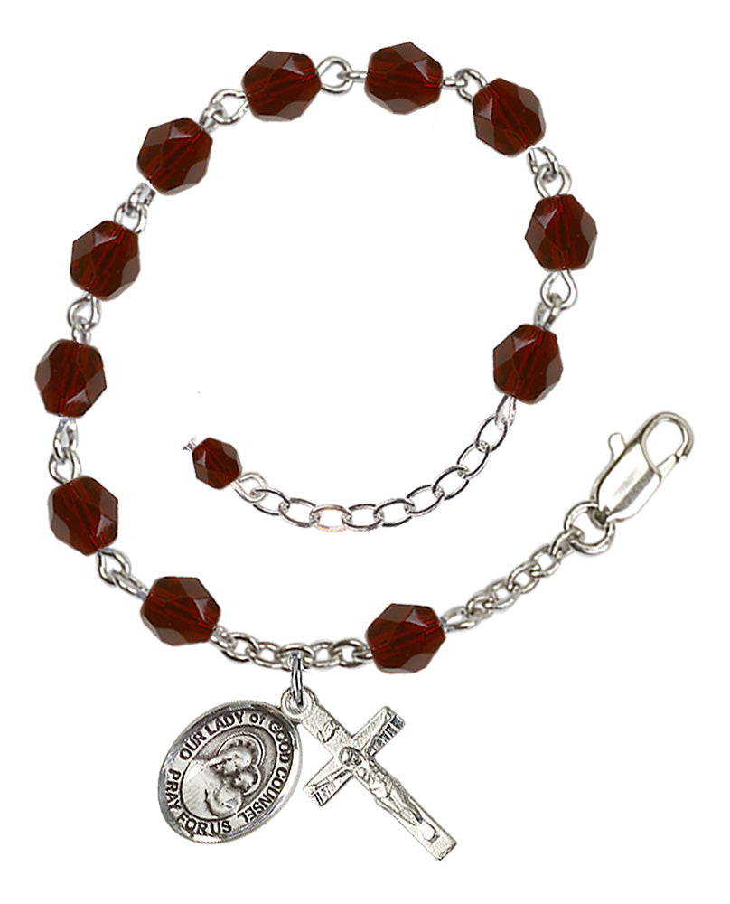 Our Lady of Good Counsel Rosary Bracelet - Silver Plate - January - Garnet